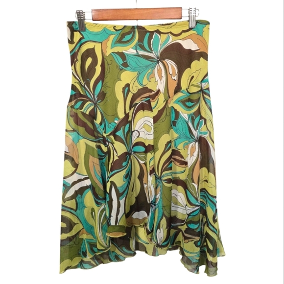 Vintage 90s Floral Green and Brown Women's Hankerchief Skirt - Picture 1 of 5